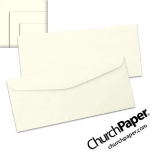 Sylvamo Accent Opaque Warm White #10 envelopes in a soft warm white shade, shown from the front and back with matching paper swatches.
