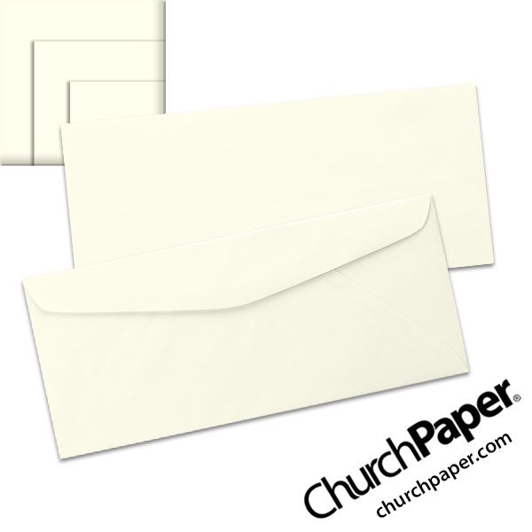 Sylvamo Accent Opaque Warm White #10 envelopes in a soft warm white shade, shown from the front and back with matching paper swatches.