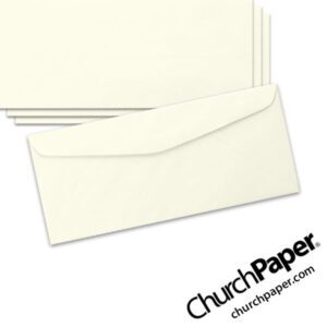 Sylvamo Accent Opaque Warm White #10 envelopes in a soft warm white shade, shown from the front and back with matching paper swatches.