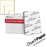 Sylvamo Accent® Opaque Digital warm white natural paper with paper ream, warm white natural paper swatch and sample sheet, available from Church Paper.