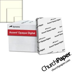 Sylvamo Accent® Opaque Digital warm white natural paper with paper ream, warm white natural paper swatch and sample sheet, available from Church Paper.