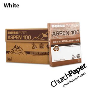 Boise ASPEN® 100 Multi-Use Recycled White Copy Paper with case and ream, made with 100% recycled content and available from Church Paper.