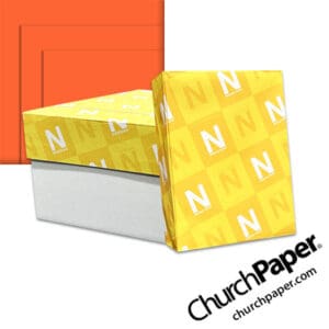 Neenah Astrobrights® Orbit Orange Paper with paper carton, wrapped ream and vibrant orange paper swatch, available from Church Paper.