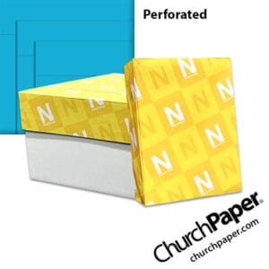 Neenah Astrobrights® Celestial Blue perforated paper with carton, wrapped ream and bright blue paper showing horizontal perforation lines, available from Church Paper.