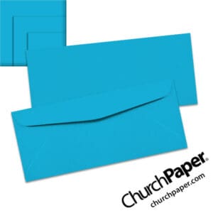 Neenah Astrobrights® Celestial Blue #10 envelopes in a vibrant blue color, shown from the front and back with matching paper swatches.