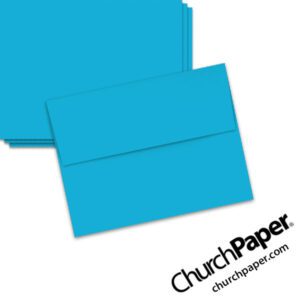 Neenah Astrobrights® Celestial Blue A2 envelopes in a vibrant blue color, shown from the front and back.