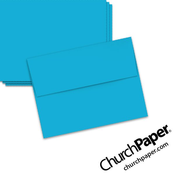 Neenah Astrobrights® Celestial Blue A2 envelopes in a vibrant blue color, shown from the front and back.