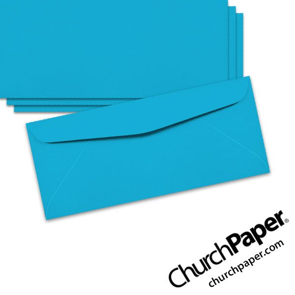 Neenah Astrobrights® Celestial Blue #10 envelopes in a vibrant blue color, shown from the front and back.