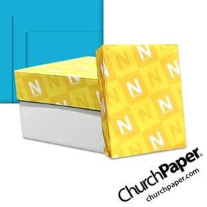 Neenah Astrobrights® Celestial Blue Paper with paper carton, wrapped ream and vibrant blue paper swatch, available from Church Paper.