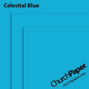 Neenah Astrobrights® Celestial Blue paper swatch showing the bright blue color with layered sheet corners from Church Paper.
