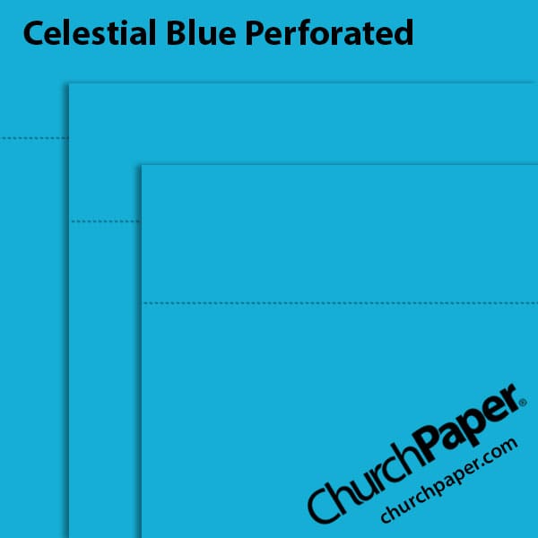 astrobrights-celestial-blue-perforated-paper-swatch-churchpaper Neenah Astrobrights® Celestial Blue perforated paper swatch showing vibrant blue sheets with horizontal perforation lines from Church Paper.