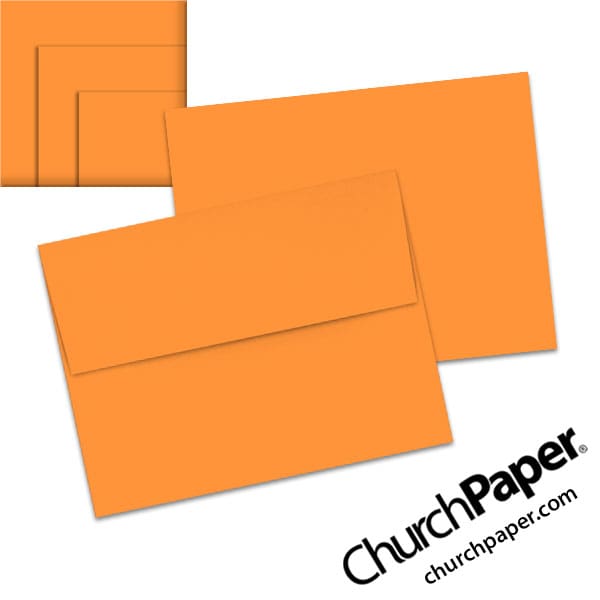 astrobrights-cosmic-orange-envelopes-a2-churchpaper Neenah Astrobrights® Cosmic Orange A2 envelopes in a vibrant orange color, shown from the front and back with matching paper swatches.