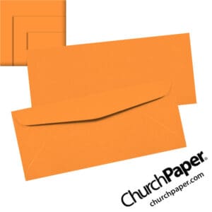 Neenah Astrobrights® Cosmic Orange #10 envelopes in a vibrant orange color, shown from the front and back with matching paper swatches.