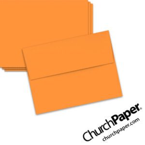Neenah Astrobrights® Cosmic Orange A2 envelopes in a vibrant orange color, shown from the front and back.
