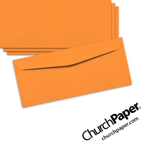 Neenah Astrobrights® Cosmic Orange #10 envelopes in a vibrant orange color, shown from the front and back.