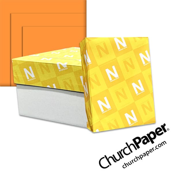 astrobrights-cosmic-orange-paper-churchpaper Neenah Astrobrights® Cosmic Orange Paper with paper carton, wrapped ream and bright orange paper swatch, available from Church Paper.