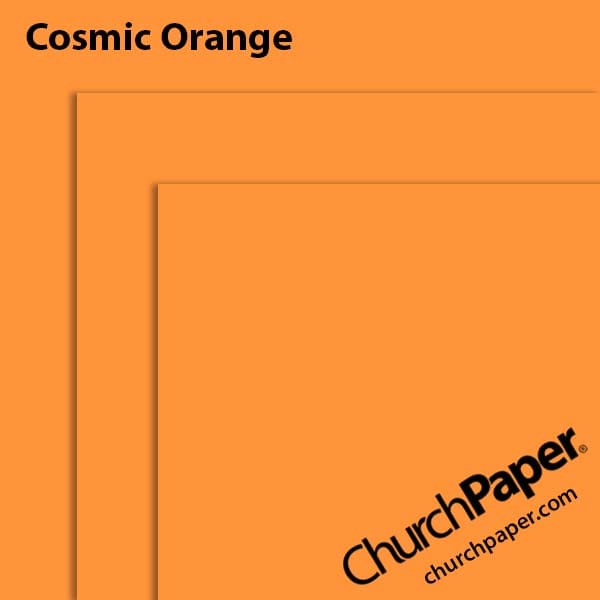 astrobrights-cosmic-orange-paper-swatch-churchpaper Neenah Astrobrights® Cosmic Orange paper swatch showing the bright orange color with layered sheet corners from Church Paper.