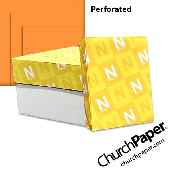 astrobrights-cosmic-orange-perforated-paper-churchpaper Neenah Astrobrights® Cosmic Orange perforated paper with carton, wrapped ream and bright orange paper showing horizontal perforation lines, available from Church Paper.