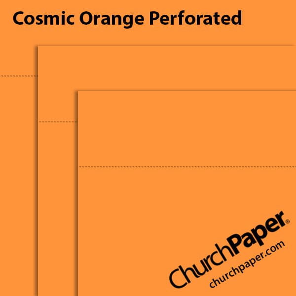 astrobrights-cosmic-orange-perforated-paper-swatch-churchpaper Neenah Astrobrights® Cosmic Orange perforated paper swatch showing vibrant orange sheets with horizontal perforation lines from Church Paper.