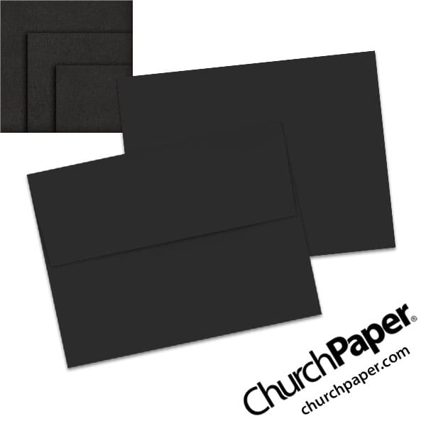 astrobrights-eclipse-black-envelopes-a2-churchpaper Neenah Astrobrights® Eclipse Black A2 envelopes in a deep black color, shown from the front and back with matching paper swatches.