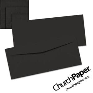 Neenah Astrobrights® Eclipse Black #10 envelopes in a deep black color, shown from the front and back with matching paper swatches.