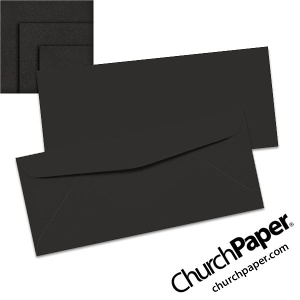 Neenah Astrobrights® Eclipse Black #10 envelopes in a deep black color, shown from the front and back with matching paper swatches.