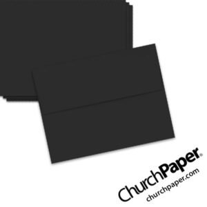 Neenah Astrobrights® Eclipse Black A2 envelopes in a deep black color, shown from the front and back.