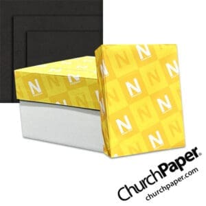Neenah Astrobrights® Eclipse Black Paper with paper carton, wrapped ream and deep black paper swatch, available from Church Paper.