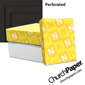Neenah Astrobrights® Eclipse Black perforated paper with carton, wrapped ream and black paper showing horizontal perforation lines, available from Church Paper.