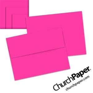 Neenah Astrobrights® Fireball Fuchsia A2 envelopes in a vivid hot pink color, shown from the front and back with matching paper swatches.