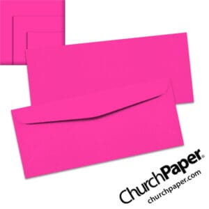 Neenah Astrobrights® Fireball Fuchsia #10 envelopes in a vivid fluorescent pink color, shown from the front and back with matching paper swatches.