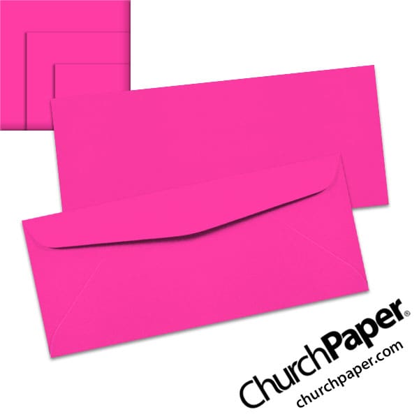 astrobrights-fireball-fuchsia-envelopes-no10-churchpaper Neenah Astrobrights® Fireball Fuchsia #10 envelopes in a vivid fluorescent pink color, shown from the front and back with matching paper swatches.