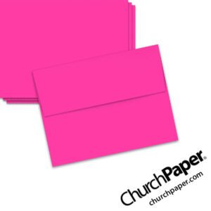Neenah Astrobrights® Fireball Fuchsia A2 envelopes in a vivid hot pink color, shown from the front and back.