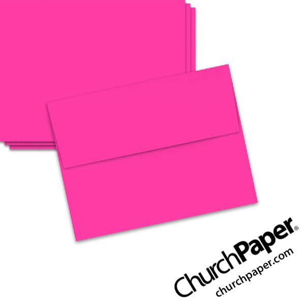Neenah Astrobrights® Fireball Fuchsia A2 envelopes in a vivid hot pink color, shown from the front and back.