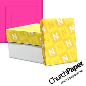 Neenah Astrobrights® Fireball Fuchsia Paper with paper carton, wrapped ream and vibrant hot pink paper swatch, available from Church Paper.