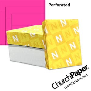 Neenah Astrobrights® Fireball Fuchsia perforated paper with carton, wrapped ream and vivid fuchsia paper showing horizontal perforation lines, available from Church Paper.