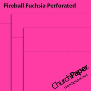 Neenah Astrobrights® Fireball Fuchsia perforated paper swatch showing vivid hot pink sheets with horizontal perforation lines from Church Paper.