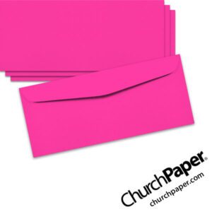 Neenah Astrobrights® Fireball Fuchsia #10 envelopes in a vivid fluorescent pink color, shown from the front and back.