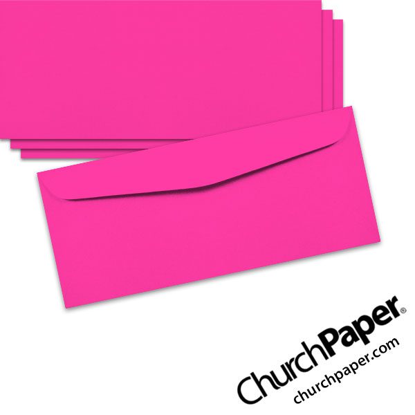 Neenah Astrobrights® Fireball Fuchsia #10 envelopes in a vivid fluorescent pink color, shown from the front and back.