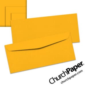 Neenah Astrobrights® Galaxy Gold #10 envelopes in a vibrant golden yellow-orange color, shown from the front and back with matching paper swatches.