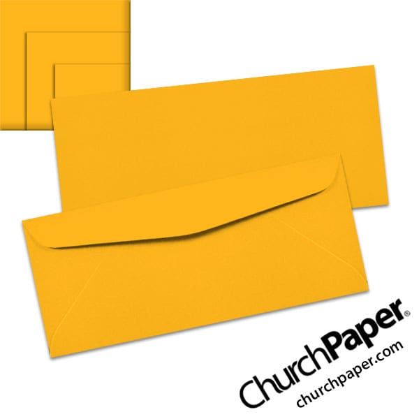 astrobrights-galaxy-gold-envelopes-no10-churchpaper Neenah Astrobrights® Galaxy Gold #10 envelopes in a vibrant golden yellow-orange color, shown from the front and back with matching paper swatches.