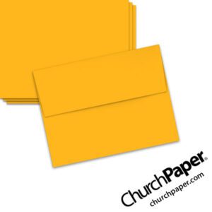 Neenah Astrobrights® Galaxy Gold A2 envelopes in a vibrant golden yellow-orange color, shown from the front and back.