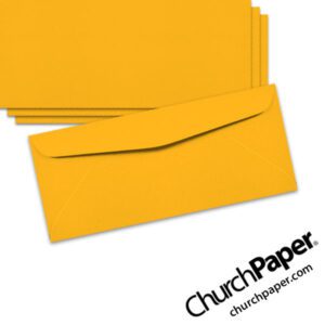 Neenah Astrobrights® Galaxy Gold #10 envelopes in a vibrant golden yellow-orange color, shown from the front and back.
