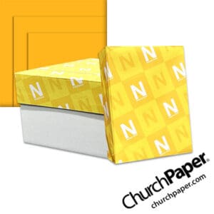 Neenah Astrobrights® Galaxy Gold Paper with paper carton, wrapped ream and vibrant golden yellow paper swatch, available from Church Paper.