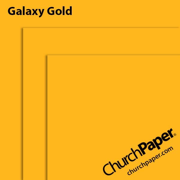 astrobrights-galaxy-gold-paper-swatch-churchpaper Neenah Astrobrights® Galaxy Gold paper swatch showing the vibrant golden yellow color with layered sheet corners from Church Paper.