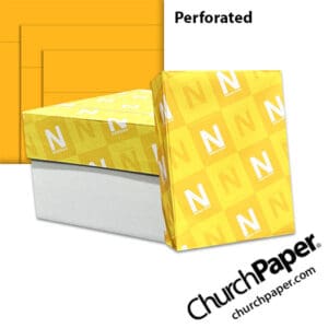 Neenah Astrobrights® Galaxy Gold perforated paper with carton, wrapped ream and golden yellow paper showing horizontal perforation lines, available from Church Paper.