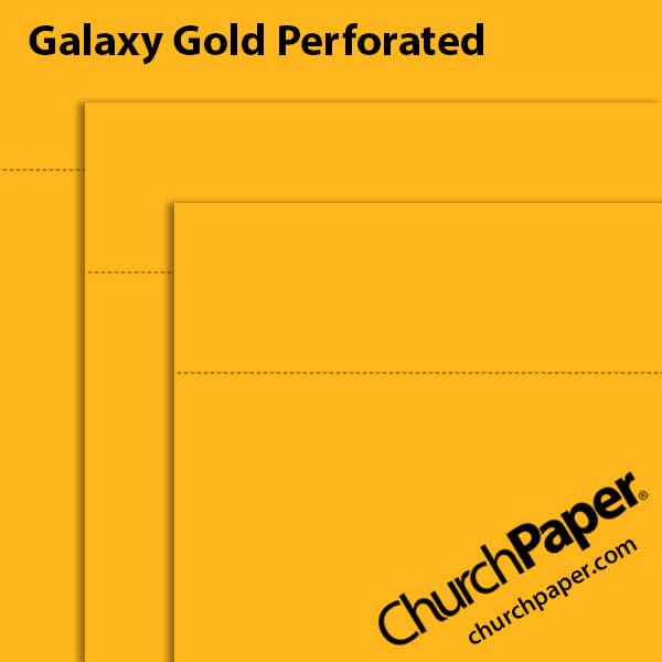 astrobrights-galaxy-gold-perforated-paper-swatch-churchpaper Neenah Astrobrights® Galaxy Gold perforated paper swatch showing golden yellow sheets with horizontal perforation lines from Church Paper.
