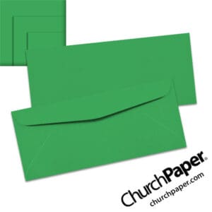 Neenah Astrobrights® Gamma Green #10 envelopes in a vivid green color, shown from the front and back with matching paper swatches.