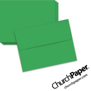 Neenah Astrobrights® Gamma Green A2 envelopes in a vivid green color, shown from the front and back.