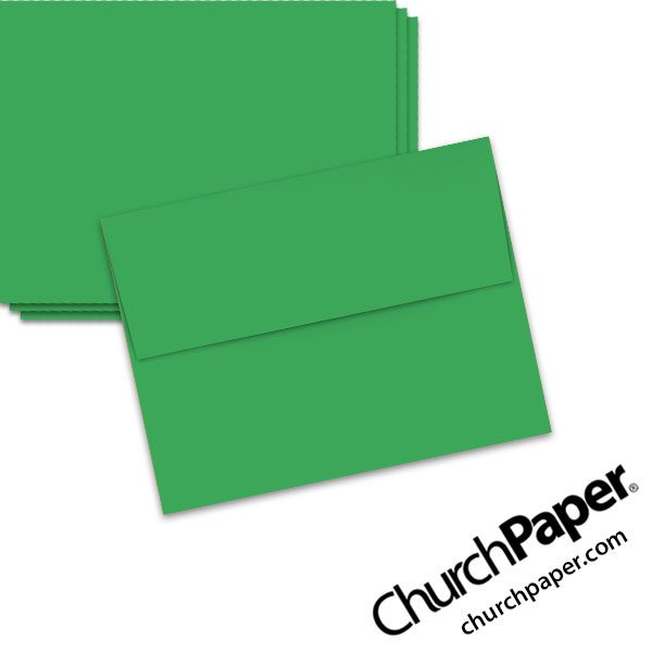 Neenah Astrobrights® Gamma Green A2 envelopes in a vivid green color, shown from the front and back.
